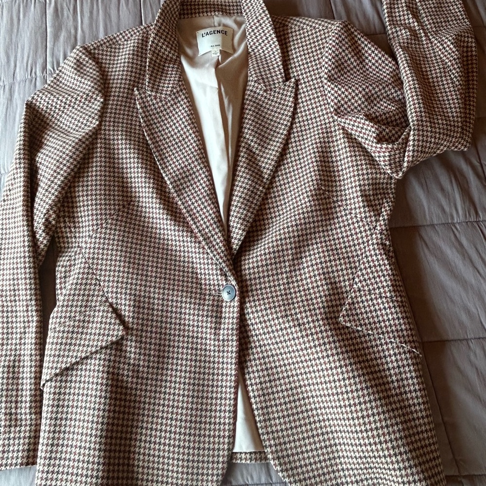 L'AGENCE Brown & Cream Houndstooth Single-Button Blazer - Picture 4 of 7